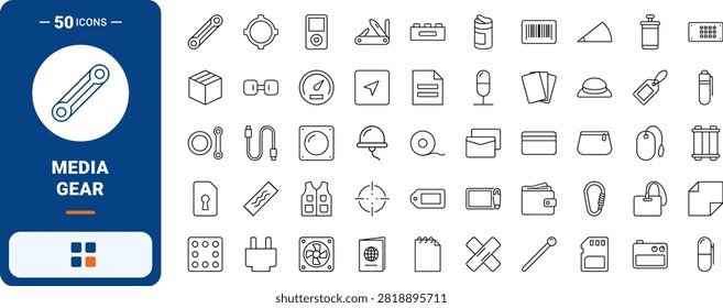A professional line icon set representing photojournalism gear and press reporting tools. This thin linear illustration covers professional camera accessories, media equipment, and vest storage items.