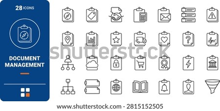 Professional line icon set representing document organization and task management. This thin linear illustration covers administrative workflows and records.