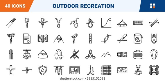 Professional line icon set of summit climbing rope and mountaineering safety equipment. This collection features thin linear illustration of knots, anchors, carabiners, and rescue rigging tools.