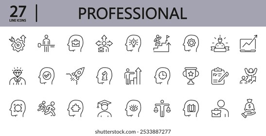 Professional line icons set with Career, Professional, Rise, Goal, Progress, Success, Growth, Potential, Option, Motivation, Business, Idea, Focus, Result, Strategy and more. Editable Stroke