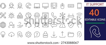 professional line icons of it support, technical, helpdesk, remote, assistance, computer, system, maintenance, and customer service interface.