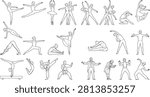 Professional line illustration collection featuring ballet dancers, yoga poses, stretching exercises, gymnastics, martial arts, and stage performance characters. Ideal for fitness, dance schools, wellness programs, educational materials, sports publications, websites, and mobile applications.