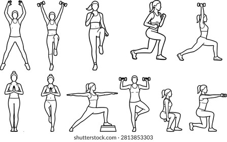 Professional line illustration set featuring women performing cardio workouts, yoga poses, strength training, lunges, squats, and dumbbell exercises. Ideal for fitness apps, workout guides, gym websites, wellness programs, sports education, and healthy lifestyle content.
