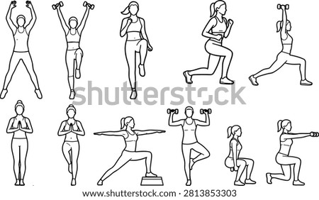 Professional line illustration set featuring women performing cardio workouts, yoga poses, strength training, lunges, squats, and dumbbell exercises. Ideal for fitness apps, workout guides, gym websites, wellness programs, sports education, and healthy lifestyle content.