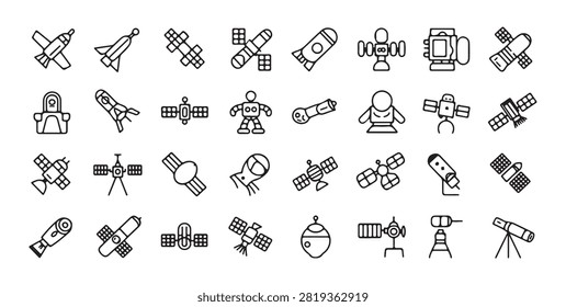 Professional linear strokes depicting orbital equipment deep space probes lunar modules and robotic research.