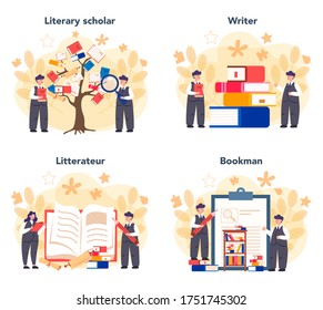 Professional literary scholar or critic concept set. Scientist studying and research works of literature, history of literature, genres, and literary criticism. Flat vector illustration