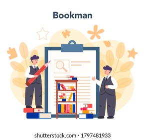Professional literary scholar or critic concept. Scientist studying and research works of literature, history of literature, genres, and literary criticism. Flat vector illustration