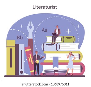 Professional literaturist concept. Scientist studying and research works of literature, history of literature, genres, and literary criticism. Flat vector illustration