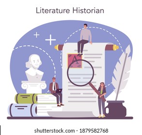 Professional literaturist concept. Scientist studying and research works of literature, history of literature, genres, and literary criticism. Flat vector illustration