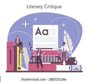 Professional literaturist concept. Scientist studying and research works of literature, history of literature, genres, and literary criticism. Flat vector illustration