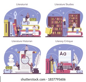 Professional literaturist concept set. Scientist studying and research works of literature, history of literature, genres, and literary criticism. Flat vector illustration