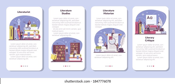 Professional literaturist mobile application banner set. Scientist studying and research works of literature, history of literature, genres, and literary criticism. Flat vector illustration