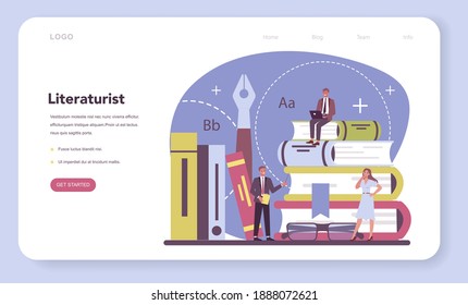 Professional literaturist web banner or landing page. Scientist studying and research works of literature, history of literature, genres, and literary criticism. Flat vector illustration
