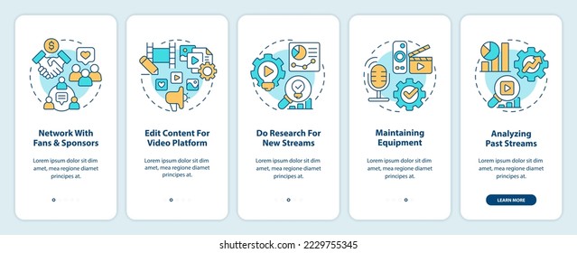 Professional live streamer activities onboarding mobile app screen. Walkthrough 5 steps editable graphic instructions with linear concepts. UI, UX, GUI template. Myriad Pro-Bold, Regular fonts used