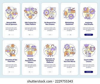 Professional live streaming career onboarding mobile app screen set. Walkthrough 5 steps editable graphic instructions with linear concepts. UI, UX, GUI template. Myriad Pro-Bold, Regular fonts used