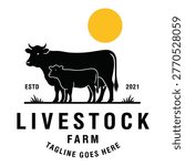 Professional livestock farm logo featuring a silhouette of a cow and calf, sun emblem, and typography. Perfect for agricultural branding, dairy labels, and farms.