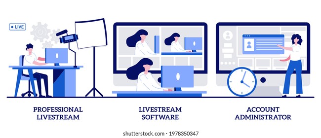 Professional Livestream, Software And Account Administrator Concept With Tiny People. Online Live Event Vector Illustration Set. Broadcasting Service, Stream Manager, Go Live In Real-time Metaphor.