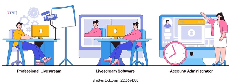 Professional Livestream, Software And Account Administrator Concept With Tiny People. Online Live Event Vector Illustration Set. Broadcasting Service, Stream Manager, Go Live In Real-time Metaphor.