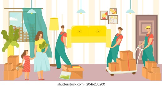 Professional loader character help to family people moving house, couple change apartment flat vector illustration, cardboard box with stuff.