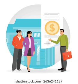 A professional loan officer explains mortgage details to a couple for a real estate purchase. Real estate broker concept.