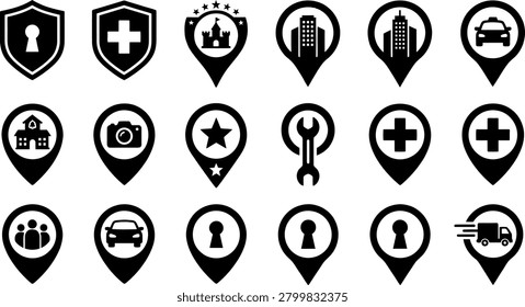 Professional location pin icon collection featuring navigation maps travel services points of interest public facilities and GPS symbols.