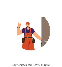 Professional locksmith worker fixed and unlocks the door lock. Happy repairman in uniform with equipment shows thumbs up. Maintenance service. Vector flat illustration isolated in round frame