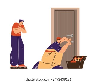 Professional locksmith worker repairing a door lock using special tools. Repairman in uniform with equipment unlocks a closed door while the owner waits. Vector flat illustration