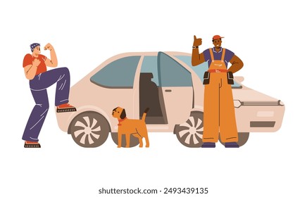 Professional locksmith worker unlocks the cars door lock. Repairman in uniform with equipment fixed door, owner with dog are happy. Vector flat illustration. Cartoon lockpicker service