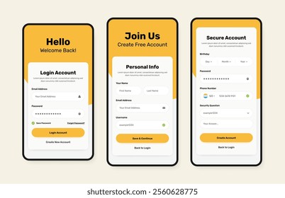 Professional login, signup and account registration form mobile app interface template design