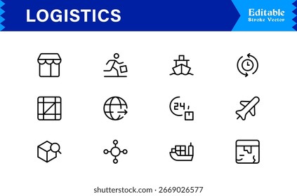 Professional Logistics Line Icon Set Featuring Modern Minimal Delivery, Transport, Shipping, Cargo and Freight Symbols with Clean Vector Design for Premium Visuals