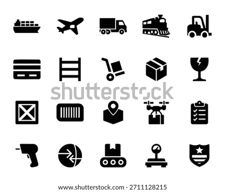 Professional logistics and supply chain management symbols depicting heavy transport warehousing assets and delivery tracking tools