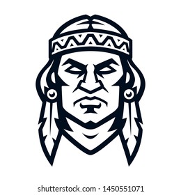 Professional logo american indian, sport mascot, icon angry warrior. Vector illustration, isolated on white background. Simple shape for design emblem, symbol, sign, badge, label, stamp.