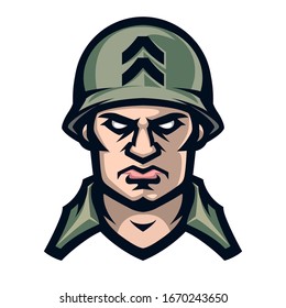 Professional logo american soldier, sport mascot, icon angry warrior. Vector illustration, isolated on white background. Simple shape for design emblem, symbol, sign, badge, label, stamp.	