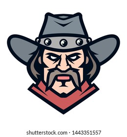 Professional logo cowboy, sport mascot, icon angry bandit. Vector illustration, isolated on white background. Simple shape for design emblem, symbol, sign, badge, label, stamp.