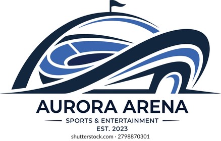Professional logo design for Aurora Arena, a new sports and entertainment facility established in 2023, featuring a dynamic stadium illustration.