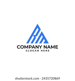 Diseño de logotipo profesional para negocios con logotipo de marca de letras RM en forma de montaña triangular con estilo moderno y geométrico en paleta de colores azul y negro 