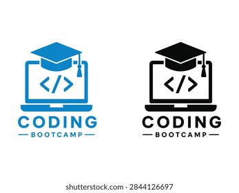 A professional logo design for a coding bootcamp featuring a laptop computer with programming brackets and a graduation cap symbolizing education and software development training.