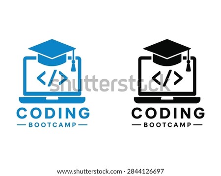 A professional logo design for a coding bootcamp featuring a laptop computer with programming brackets and a graduation cap symbolizing education and software development training.