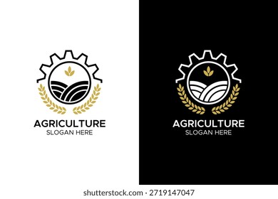 Diseño de logotipo de Profesional que combina Elementos industriales y agrícolas, con un engranaje mecánico integrado con un paisaje de campo fértil y tallos de trigo dorado. Este emblema de "Agricultura" representa la agricultura inteligente, la innovación agrotecnológica y la fabricación de producción de alimentos, lo que lo hace ideal para empresas de maquinaria agrícola, molinos de harina y cooperativas agrícolas modernas. El conjunto incluye variaciones de fondo en blanco y negro para un uso profesional versátil
