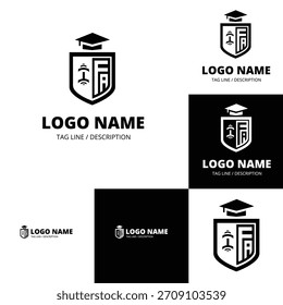Um conceito de design de logotipo profissional com um escudo com as letras FA, uma escala de justiça e um boné de graduação, adequado para uma instituição educacional ou jurídica.