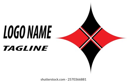 A professional logo design featuring a bold, abstract geometric shape in black and red with the text "LOGO NAME" and "TAGLINE" below.