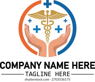 Um design de logotipo profissional com um símbolo caduceus entrelaçado com mãos suaves e de apoio, adequado para marcas de saúde e bem-estar.