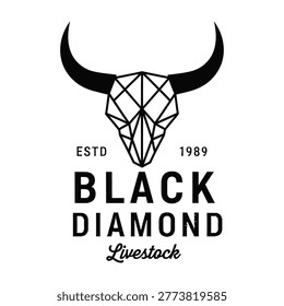 A professional logo design featuring a geometric bull skull icon with horns, paired with vintage typography for Black Diamond Livestock established in nineteen eighty nine.