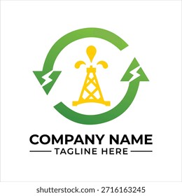 Um design de logotipo profissional com uma seta circular verde formando um ciclo em torno de um derrick de óleo amarelo central ou ícone de perfuração