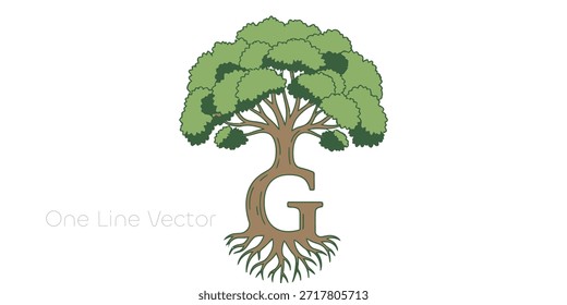 Professional logo design featuring a lush green tree with a trunk shaped like the letter G and detailed roots on a white background for branding. Vector illustration