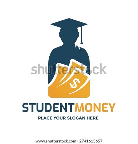 Professional logo design featuring a student graduate silhouette with money bills, symbolizing education financing, scholarships, and financial success for graduates.