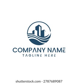 A professional logo design featuring a stylized cityscape skyline integrated with flowing water waves inside a circular frame, perfect for real estate.