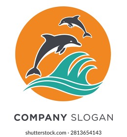 A professional logo design featuring two jumping dolphins over stylized ocean waves against a bright orange sun background. Perfect for travel or marine brands.