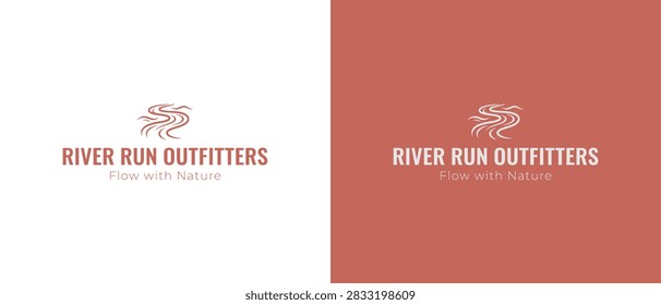 Professional logo design for River Run Outfitters featuring an abstract river flow icon and modern typography in two color variations, suitable for outdoor brands.