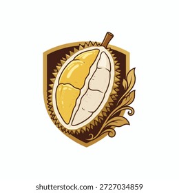 Professional logo design of a sliced durian inside a golden shield, accented by elegant laurel leaves to represent premium quality and organic nature.